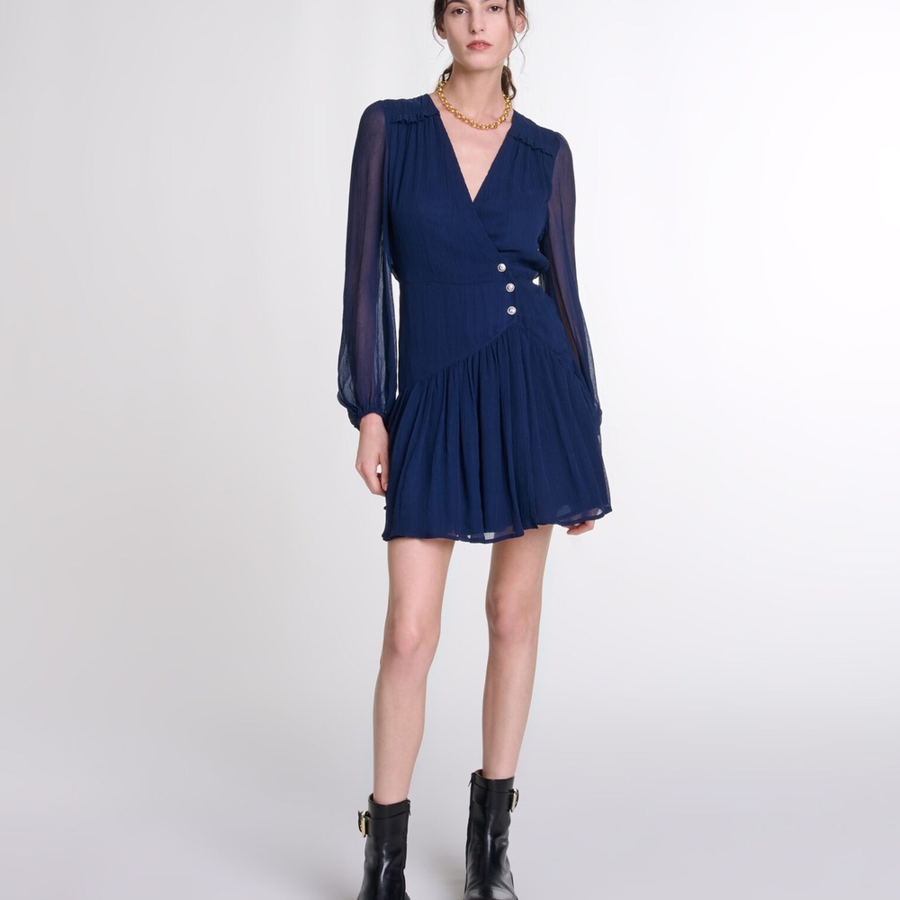 Maje Blue Short Ruffled Dress Navy Long Sleeve Mini